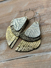 Load image into Gallery viewer, Golden Gals Paisley Leather Dangles, Gold Hypoallergenic Hoops
