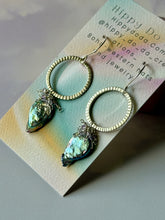 Load image into Gallery viewer, Mermaid Iridescent Peacock Pearl and Tiny Amethyst Sterling Silver Dangle Earrings
