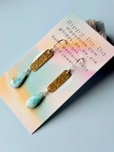 Load image into Gallery viewer, Mixed Metal Natural Larimar and Abstract Brass Dangle Earrings
