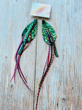 Load image into Gallery viewer, Light As A Feather FUN Teal Python Rooster Feather Silver Hoop Earrings
