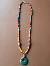 Load image into Gallery viewer, Boho Mixed Media Spiny Oyster, Czech Glass, Carnelian and Turquoise Necklace.
