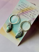 Load image into Gallery viewer, Mermaid Iridescent Peacock Pearl and Tiny Amethyst Sterling Silver Dangle Earrings
