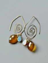 Load image into Gallery viewer, Treasure Trunk Mixed Metal, Moonstone and Yellow Chalcedony Gemstone Hammered Dangle Earrings
