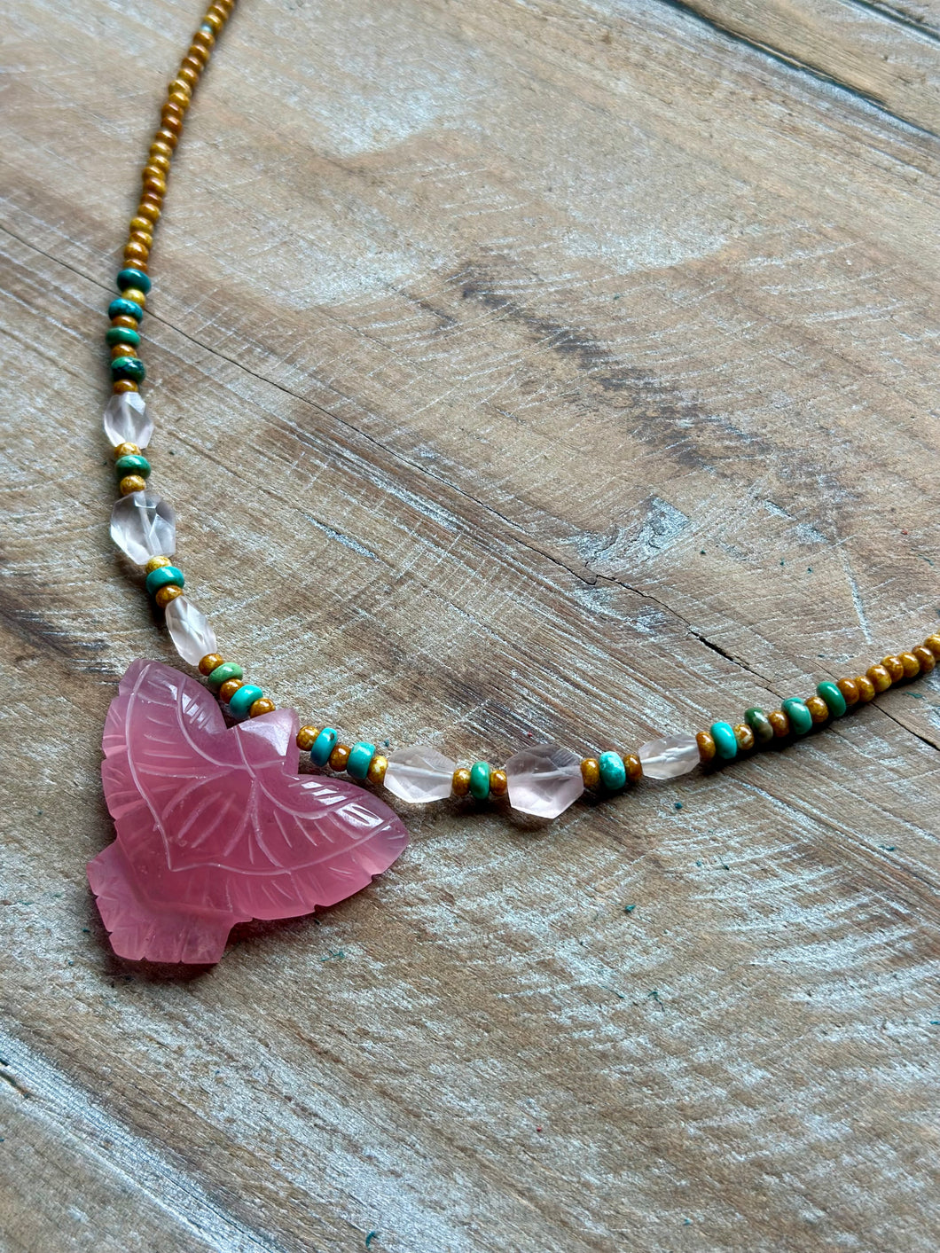 Carved Pink Onyx Thunderbird Beaded Necklace