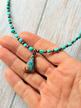 Load image into Gallery viewer, Spiny Oyster Mohave ans Sleeping Beauty Turquoise and Rustic Copper Forever Necklace

