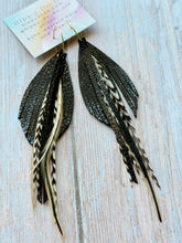 Load image into Gallery viewer, Light As A Feather FUN Black Stingray Rooster Feather Gold Hoop Earrings
