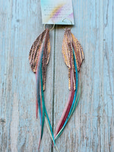 Load image into Gallery viewer, Light As A Feather FUN Dusty Pink Sparkly Rooster Feather Gold Hoop Earrings
