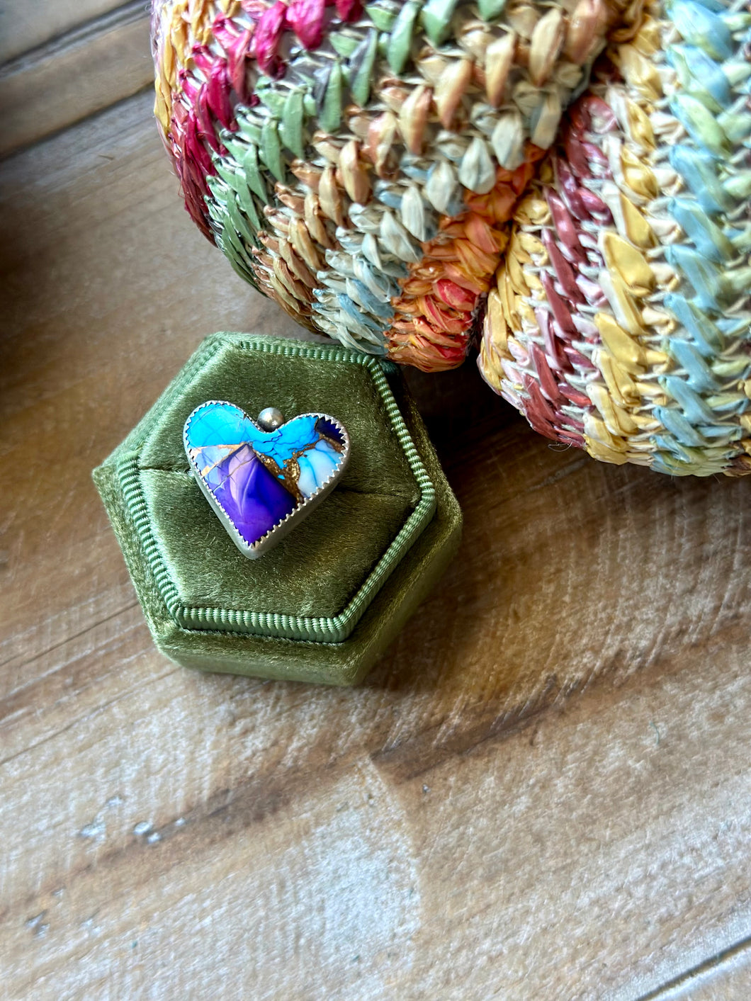 Heart Shaped Mojave Turquoise Sterling Silver Ring, Size 7.75