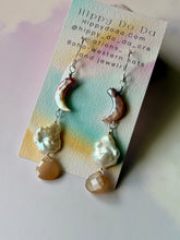 Load image into Gallery viewer, Mermaid Iridescent  Crescent Moon, Baroque Pearl and Peach Moonstone Sterling Silver Dangle Earrings

