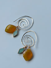 Load image into Gallery viewer, Treasure Trunk Mixed Metal, Amazonite and Yellow Chalcedony Gemstone Hammered Dangle Earrings
