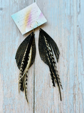 Load image into Gallery viewer, Light As A Feather FUN Black Stingray Rooster Feather Gold Hoop Earrings
