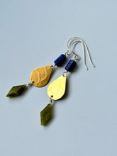 Load image into Gallery viewer, Treasure Trunk Mixed Metal, Lapis and Green Cat’s Eye Gemstone Dangle Earrings
