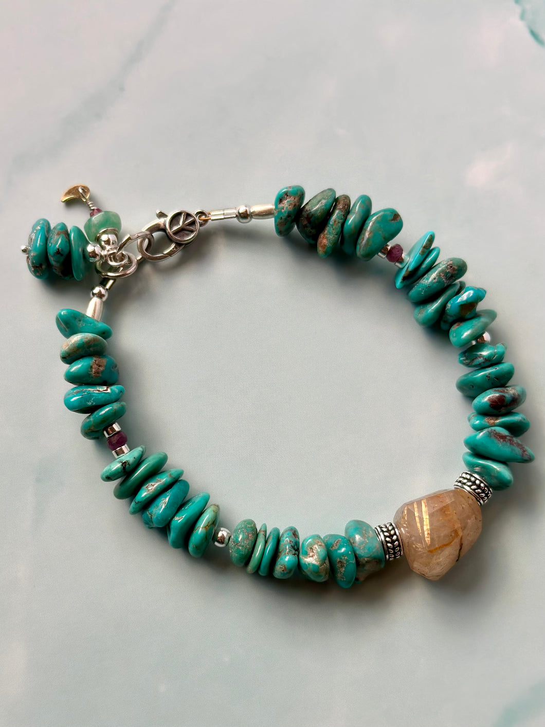 Rutilated Golden Quartz and Hubei Turquoise Sterling Silver Bracelet