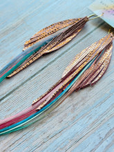 Load image into Gallery viewer, Light As A Feather FUN Dusty Pink Sparkly Rooster Feather Gold Hoop Earrings
