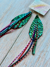 Load image into Gallery viewer, Light As A Feather FUN Teal Python Rooster Feather Silver Hoop Earrings

