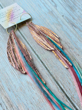 Load image into Gallery viewer, Light As A Feather FUN Dusty Pink Sparkly Rooster Feather Gold Hoop Earrings
