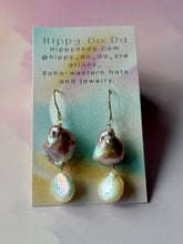 Load image into Gallery viewer, Mermaid Large Iridescent Mauve Baroque Pearl Gold Film Earrings
