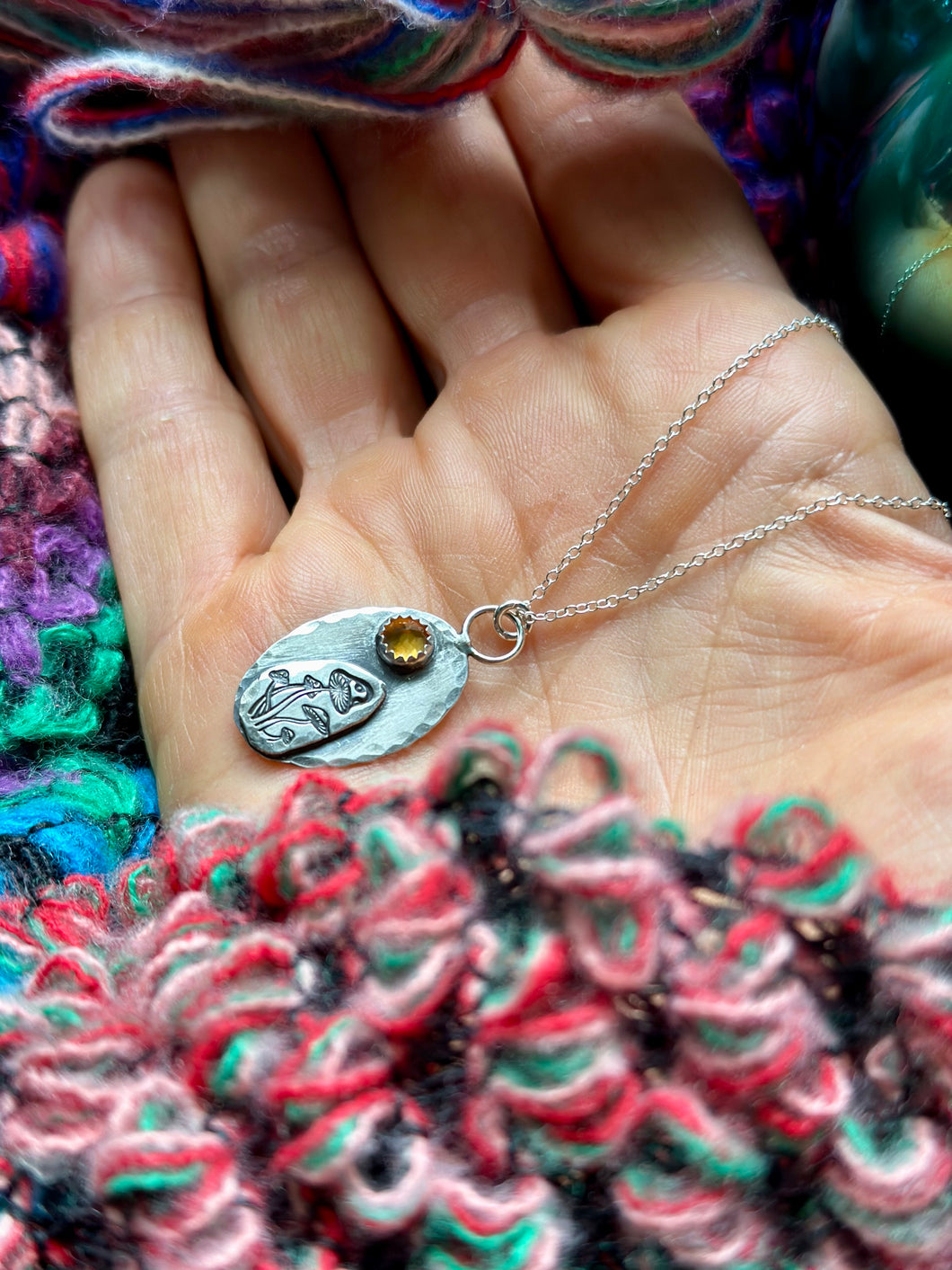 Enchanted Mushrooms and Citrine Moon Sterling Silver Necklace