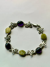 Load image into Gallery viewer, Vintage Celtic Trinity Knot Amethyst and Jade Sterling Silver Bracelet
