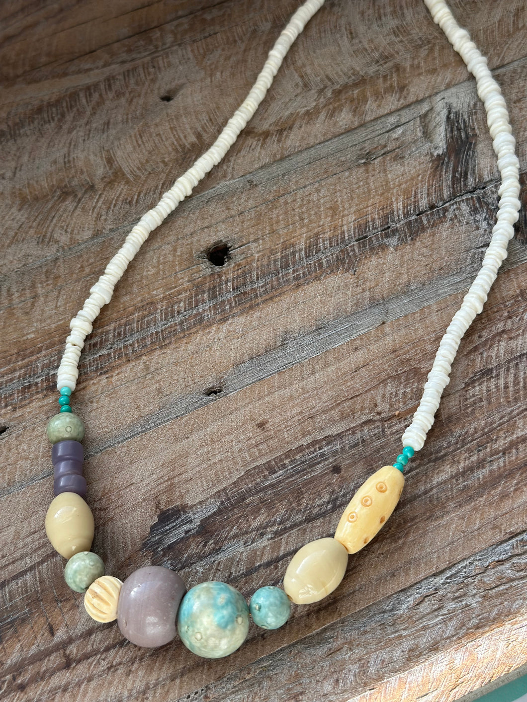 Vintage Glass, Pottery, Heishi Shell and Bone Beaded Necklace