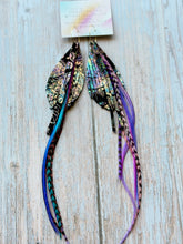 Load image into Gallery viewer, Light As A Feather FUN Iridescent Black Paisley Rooster Feather Gold Hoop Earrings
