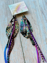Load image into Gallery viewer, Light As A Feather FUN Iridescent Black Paisley Rooster Feather Gold Hoop Earrings
