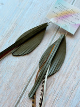 Load image into Gallery viewer, Light As A Feather FUN Dark Olive Green Rooster Feather Silver Hoop Earrings
