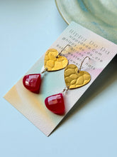 Load image into Gallery viewer, Treasure Trunk Mixed Hot Pink Chalcedony and Pebbled Brass Heart Dangle Earrings
