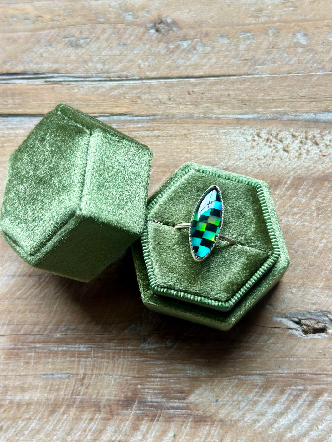 Aurora Opal and Black Onyx, Inlay Checkerboard, sterling silver ring, size 7