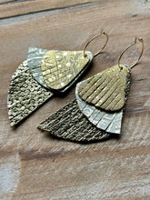 Load image into Gallery viewer, Golden Gals Paisley Leather Dangles, Gold Hypoallergenic Hoops
