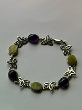 Load image into Gallery viewer, Vintage Celtic Trinity Knot Amethyst and Jade Sterling Silver Bracelet
