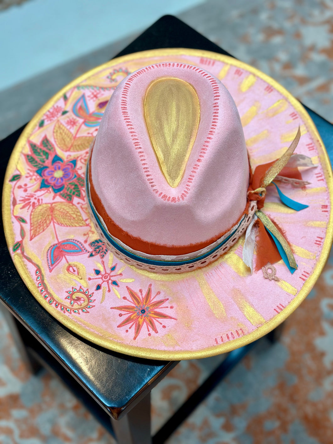 The Paisley Rose Hat, Powder Pink Wide Brim Fedora