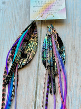 Load image into Gallery viewer, Light As A Feather FUN Iridescent Black Paisley Rooster Feather Gold Hoop Earrings
