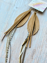Load image into Gallery viewer, Light As A Feather FUN Tan Nubuck Rooster Feather Gold Hoop Earrings

