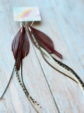 Load image into Gallery viewer, Light As A Feather FUN Garnet GAMEDAY Rooster Feather Silver Hoop Earrings
