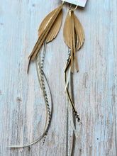 Load image into Gallery viewer, Light As A Feather FUN Tan Nubuck Rooster Feather Gold Hoop Earrings
