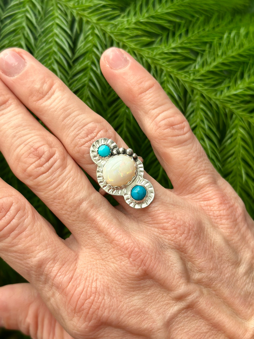 Australian White Opal and Royston Turquoise Sterling Silver Ring, Sz 7.25