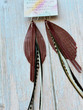 Load image into Gallery viewer, Light As A Feather FUN Garnet GAMEDAY Rooster Feather Silver Hoop Earrings
