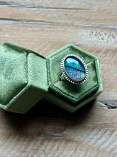 Load image into Gallery viewer, Terrarium Bodhi Leaf Skeleton Inay ans Aurora Opal Sterling Silver Ring, size 7.25
