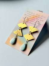 Load image into Gallery viewer, Mixed Metal Natural Larimar and Abstract Brass Dangle Earrings
