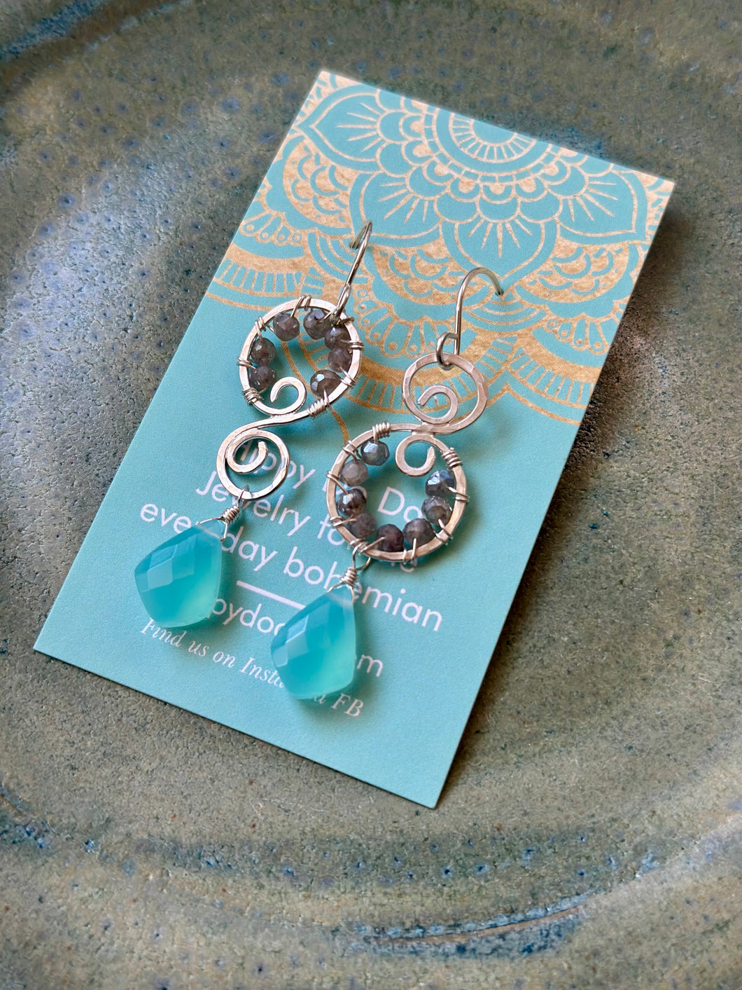 Bohemian Labradorite and Aqua Chalcedony Asymmetrical Sterling Silver Earrings