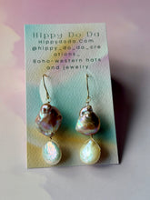 Load image into Gallery viewer, Mermaid Large Iridescent Mauve Baroque Pearl Gold Film Earrings
