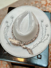 Load image into Gallery viewer, The Linlee Hat, Grey Hand Burned Wide Brim Fedora
