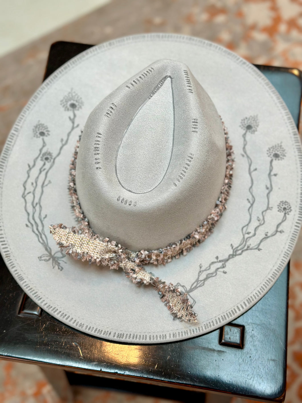The Linlee Hat, Grey Hand Burned Wide Brim Fedora