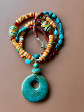 Load image into Gallery viewer, Boho Mixed Media Spiny Oyster, Czech Glass, Carnelian and Turquoise Necklace.
