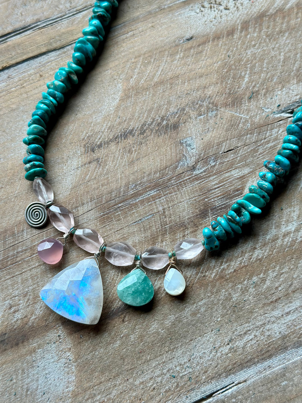 Moonstone and turquoise beaded necklace