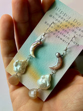 Load image into Gallery viewer, Mermaid Iridescent  Crescent Moon, Baroque Pearl and Peach Moonstone Sterling Silver Dangle Earrings
