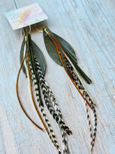 Load image into Gallery viewer, Light As A Feather FUN Dark Olive Green Rooster Feather Gold Hoop Earrings
