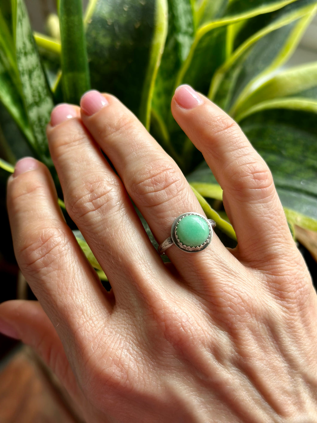 Natural Minty Green Chrysoprase Sterling Silver Ring, size 9