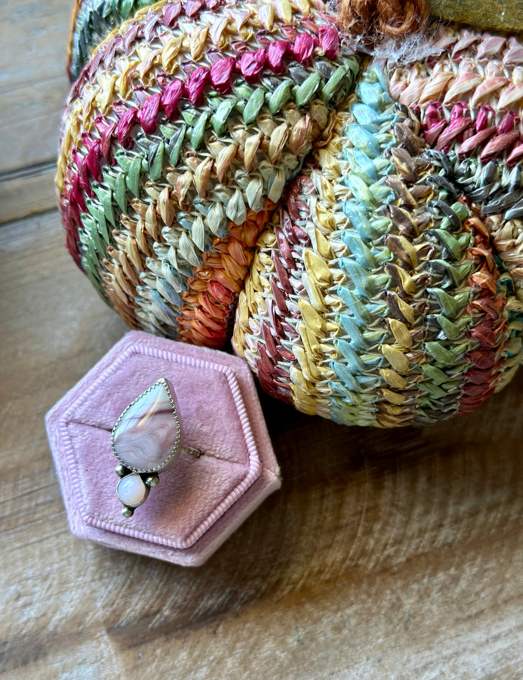 Pink Opal and Eindy Mountain Agate Sterling Silver Ring, Size 7.5